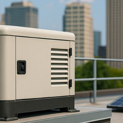 Rooftop generator with city skyline in the background under a clear sky