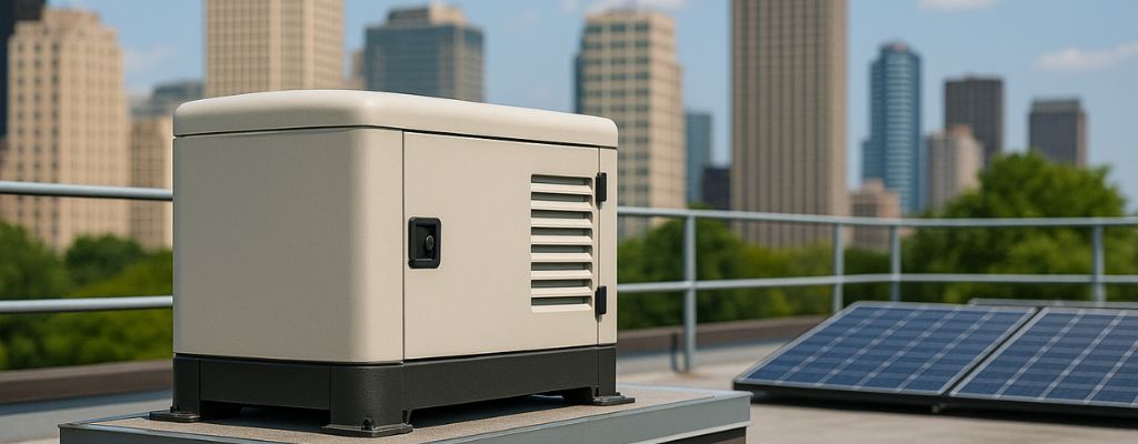 Rooftop generator with city skyline in the background under a clear sky