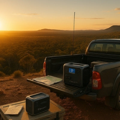 Rugged 4x4 overlooking outback vista with Bluetti power station ready