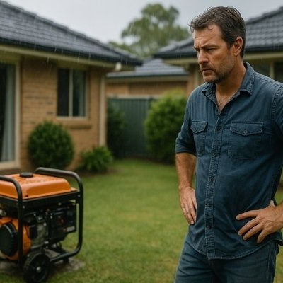 Rugged Aussie man checks generator before rain in backyard