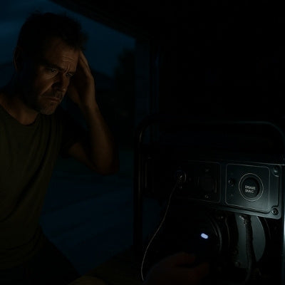 Rugged Aussie man with generator dead battery night garage flashlight