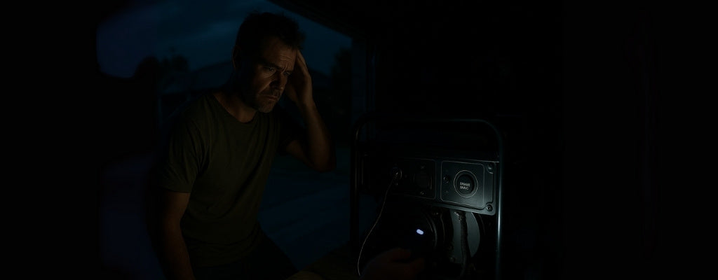 Rugged Aussie man with generator dead battery night garage flashlight