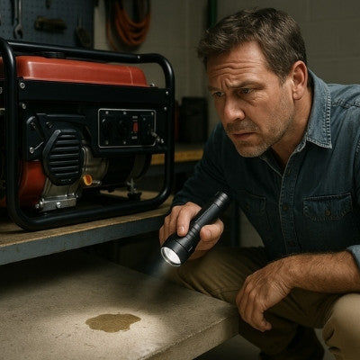 Rugged Aussie man inspecting generator leak with flashlight in garage