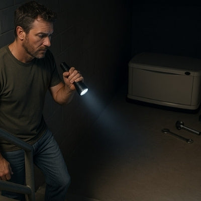 Rugged Australian man checks basement generator installation setup location