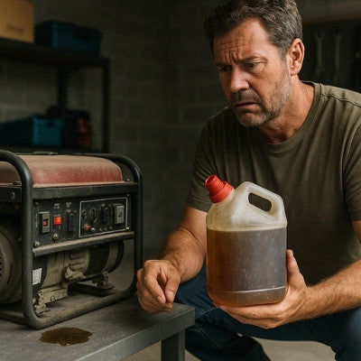Rugged man inspecting dusty generator with sludgy petrol container