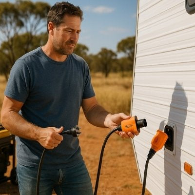 Rugged man holding Ampfibian generator cord beside outback caravan
