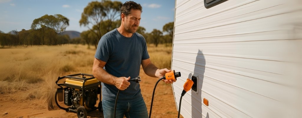 Rugged man holding Ampfibian generator cord beside outback caravan
