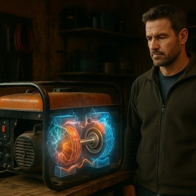 Rugged man looks at generator with internal magnet strength overlay