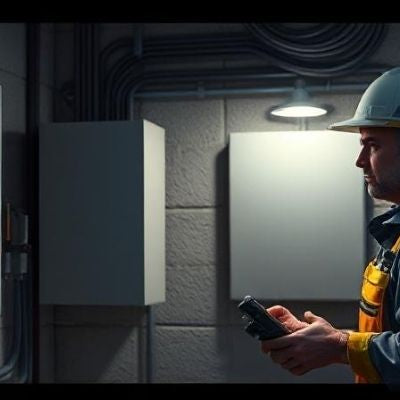 Electrician setting up a portable power station with a transfer switch in a home