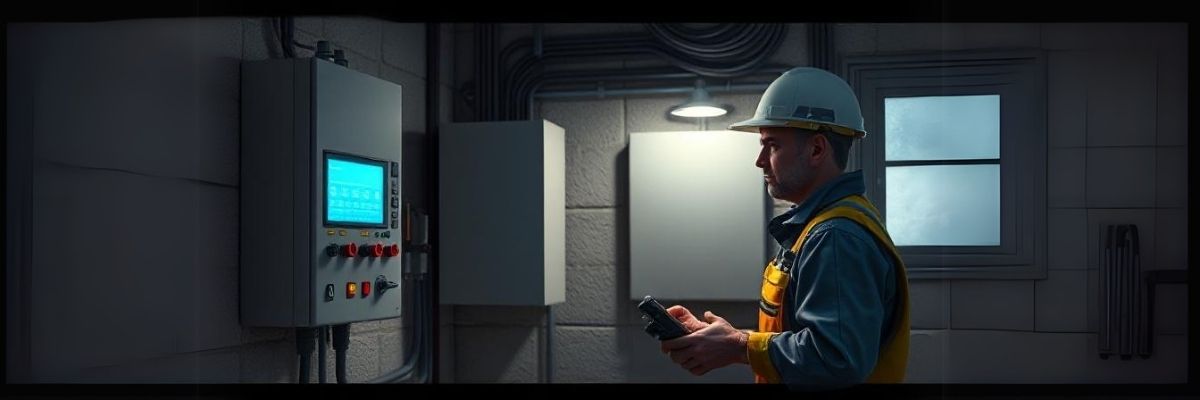 Electrician setting up a portable power station with a transfer switch in a home