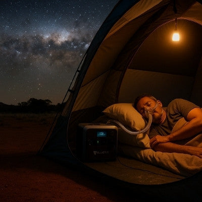 A serene nighttime outback camping scene with CPAP powered by Bluetti