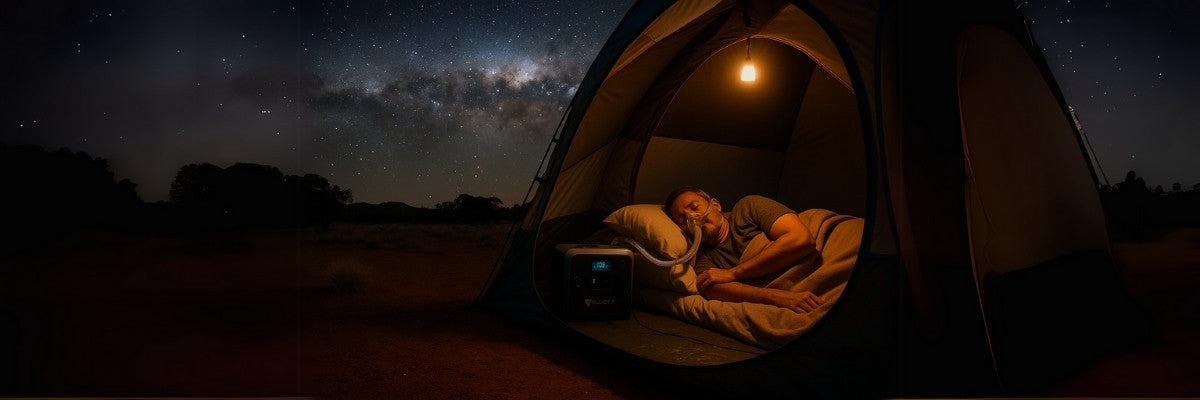 A serene nighttime outback camping scene with CPAP powered by Bluetti