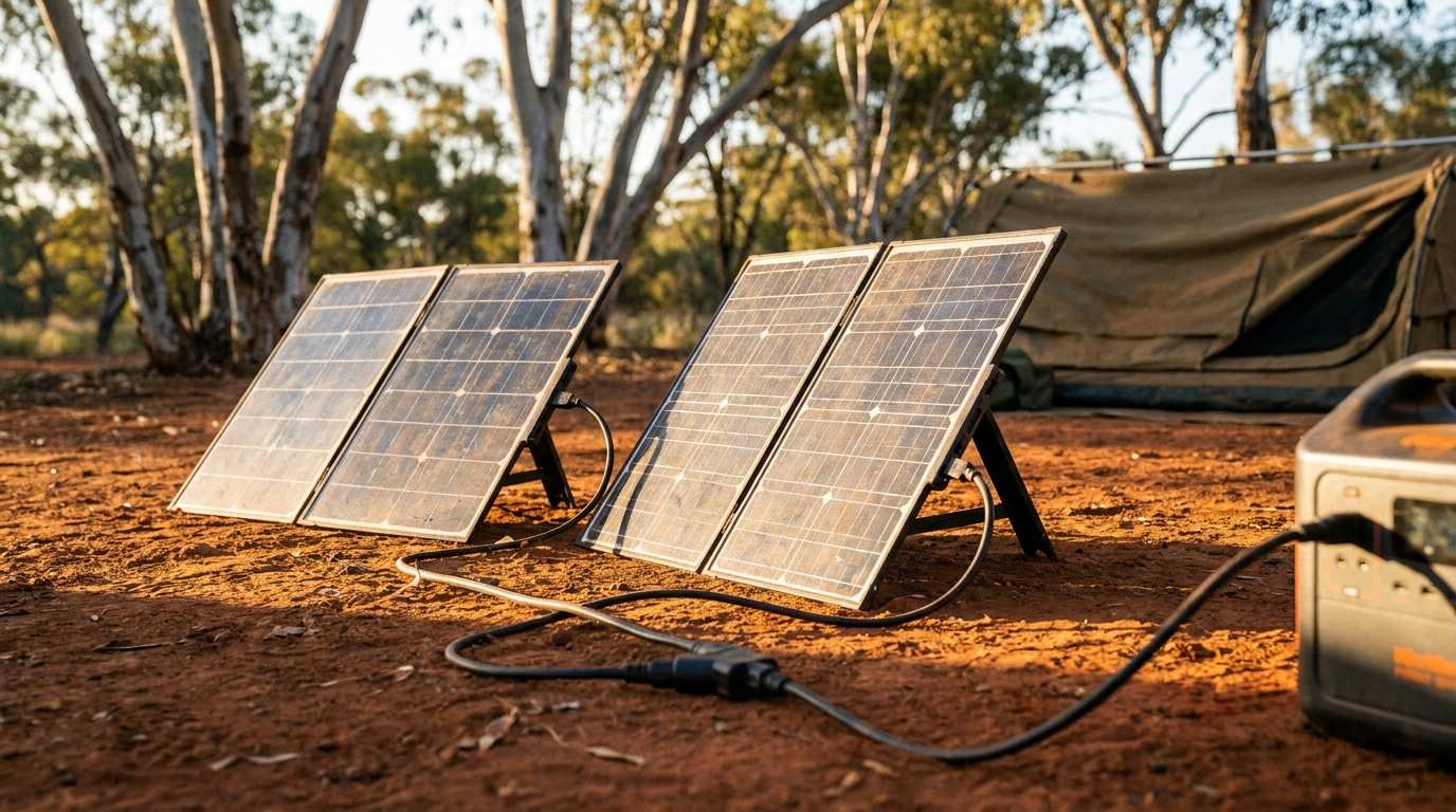 Two portable solar panels wired together with a Y-splitter, running to a power station at an Australian campsite