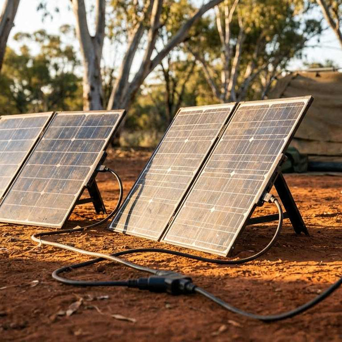 Two portable solar panels wired together with a Y-splitter, running to a power station at an Australian campsite