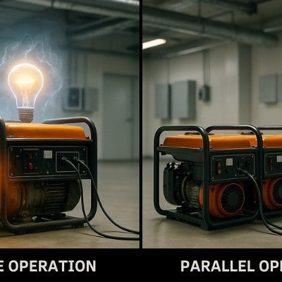 split-screen generator comparison under load in industrial setting