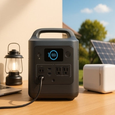 Outdoor solar charging of power station in backyard