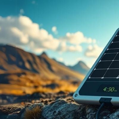 Solar panel charging a portable power station in a scenic mountain landscape with a couple in the background