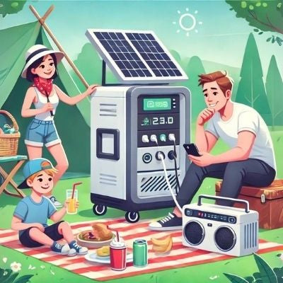 Family camping using portable power station with solar panel