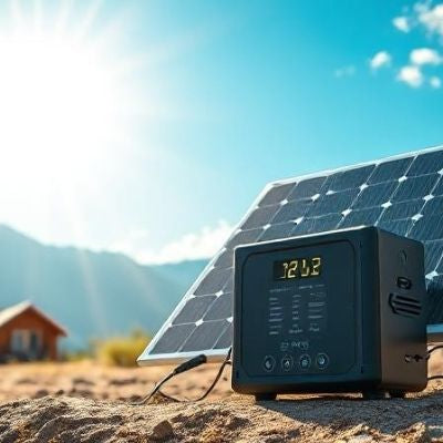 Solar powered portable power station in a mountain campsite under bright sunlight