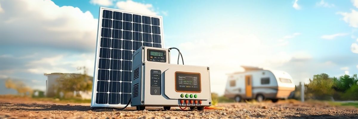 Solar powered portable power station with charge controller in outdoor camping setup