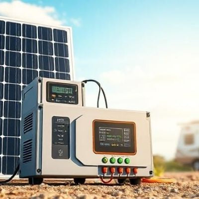 Solar powered portable power station with charge controller in outdoor camping setup