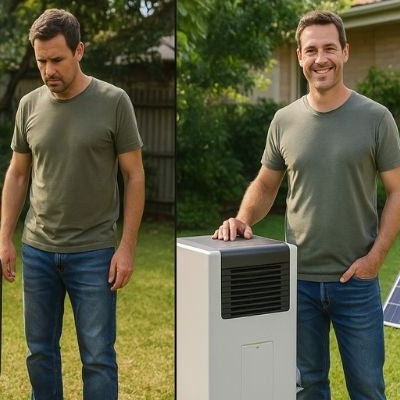 Split-screen image showing petrol vs solar generator in backyard