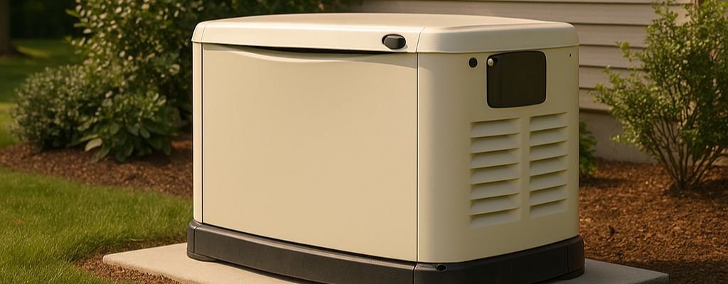 Beige standby generator on a concrete pad outside a suburban home with green lawn and bushes.