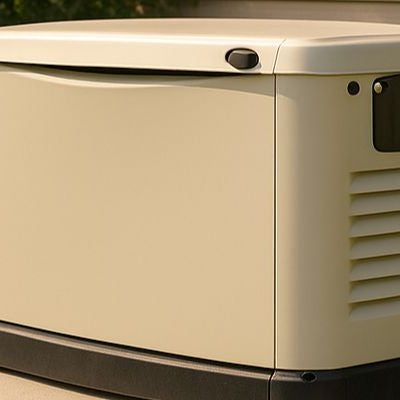 Beige standby generator on a concrete pad outside a suburban home with green lawn and bushes.