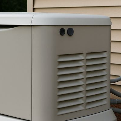 Standby home generator installed on concrete slab next to a beige house with connected electrical panels.