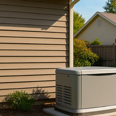 Standby generator installed beside a suburban home on a concrete base with a green lawn and clear sky