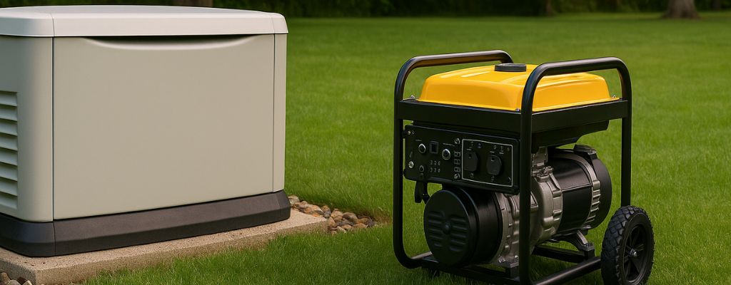 Outdoor setting with a standby and portable generator side by side on a green lawn surrounded by trees and natural lighting.
