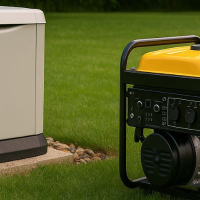 Outdoor setting with a standby and portable generator side by side on a green lawn surrounded by trees and natural lighting.