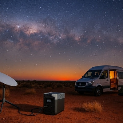 Remote Starlink camping setup with portable power station at dusk