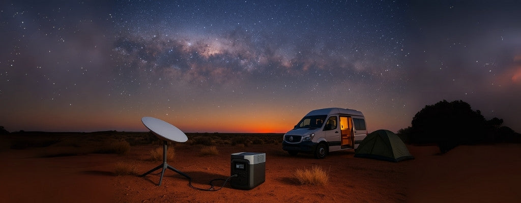 Remote Starlink camping setup with portable power station at dusk