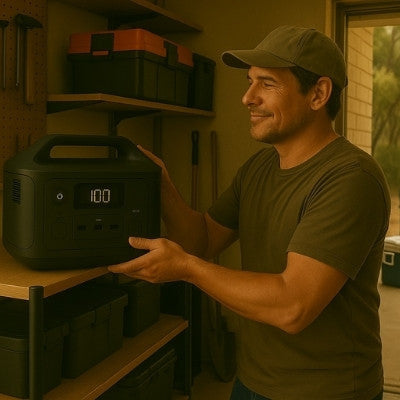 Man placing portable power station on shelf in tidy Australian garage with camping gear nearby