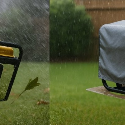 Split-screen of generator in storm vs covered anchored generator setup in backyard