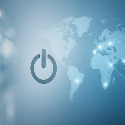 Stylized globe with power icon and floating question marks