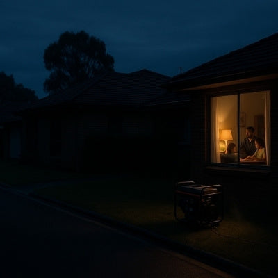 Suburban blackout with generator-powered home lit warmly at night