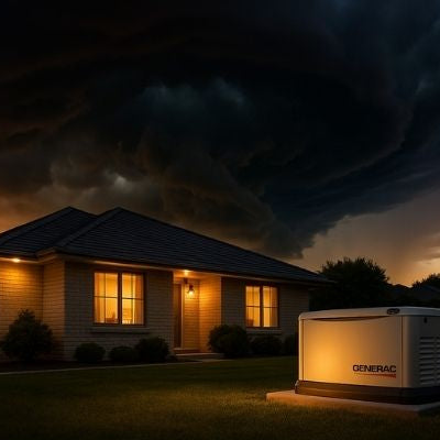 Suburban storm Generac generator at dusk securely running peacefully