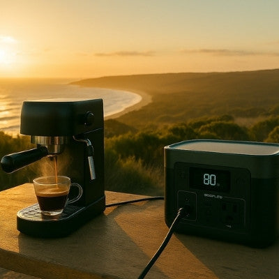 Sunrise espresso machine brewing coffee on rustic outdoor table powered by portable power