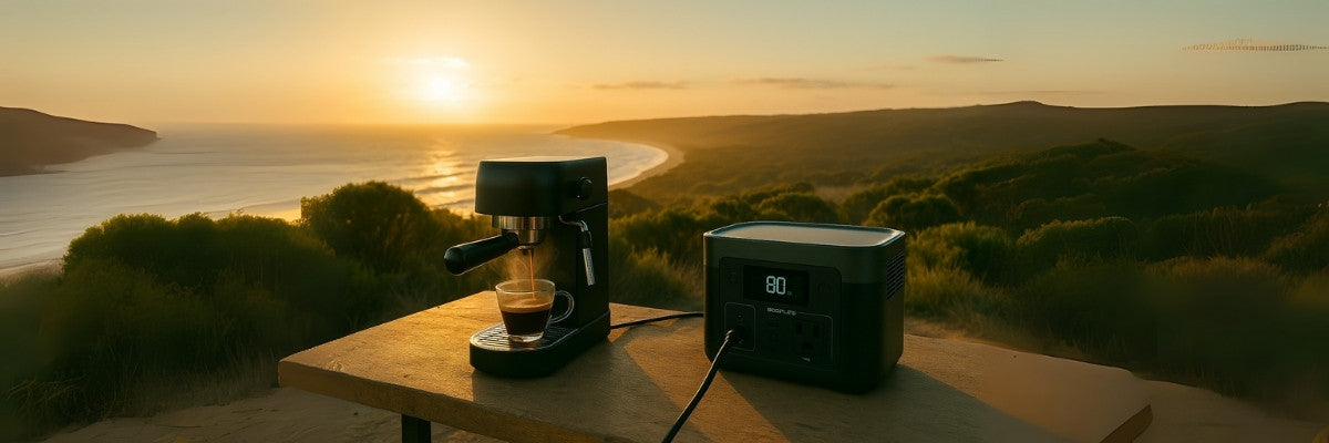 Sunrise espresso machine brewing coffee on rustic outdoor table powered by portable power