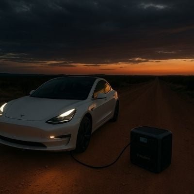 Tesla charging from Bluetti in Australian outback at dusk