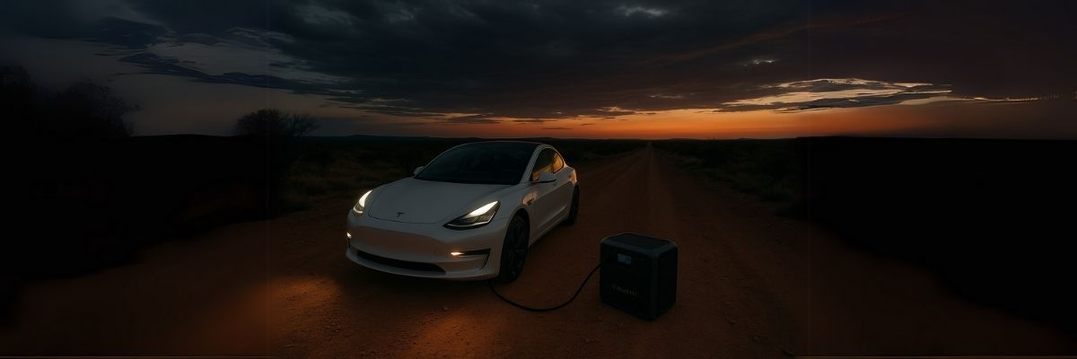 Tesla charging from Bluetti in Australian outback at dusk