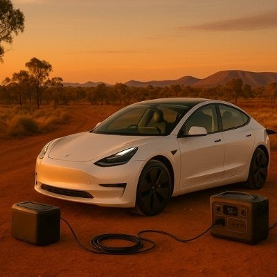 Tesla on outback road with small power station and dramatic sunset