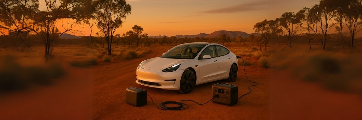 Tesla on outback road with small power station and dramatic sunset