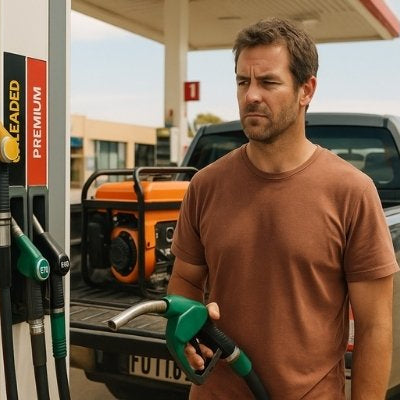 Thoughtful man at servo pump choosing E10 fuel for generator