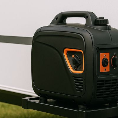 Travel trailer with generator mounted on rear bumper in grassy outdoor setting