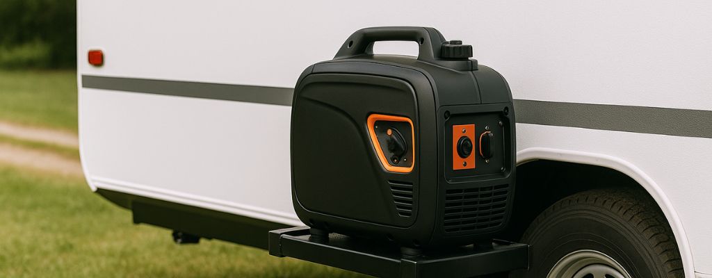 Travel trailer with generator mounted on rear bumper in grassy outdoor setting