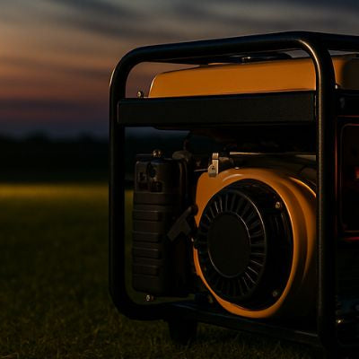 Generator powering floodlights in an open field at dusk under dramatic sky