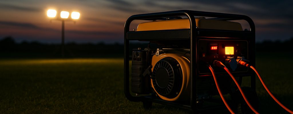 Generator powering floodlights in an open field at dusk under dramatic sky